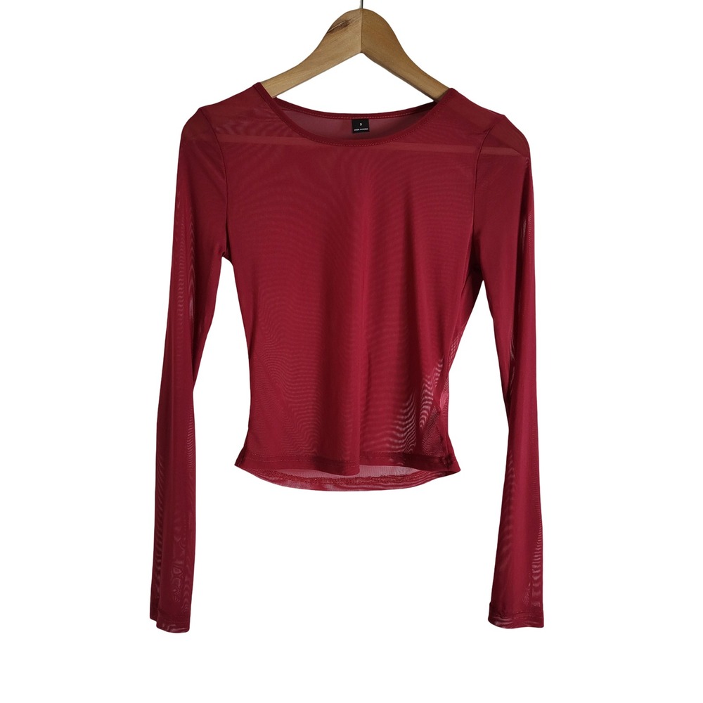 Sheer Mesh Long Sleeve Top Burgundy Wine Red Crew Neck Blouse S Goth Grunge